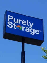 large blue purely storage logo sign