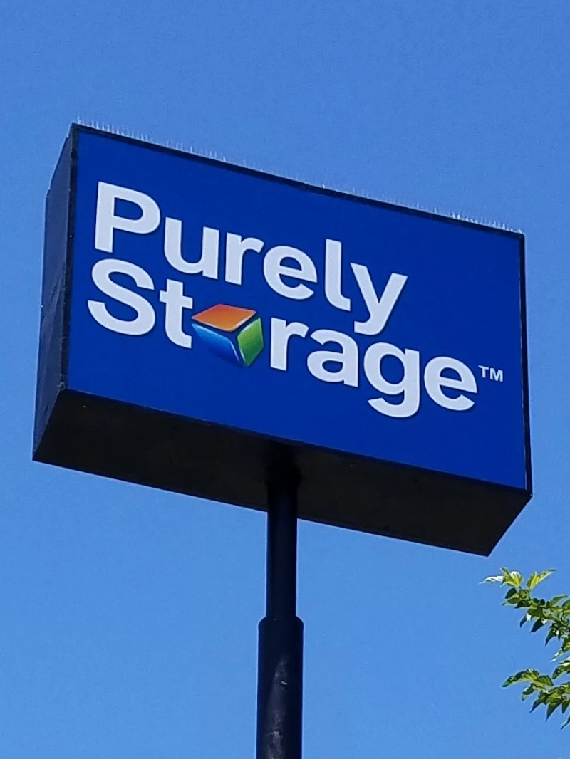 large blue purely storage logo sign