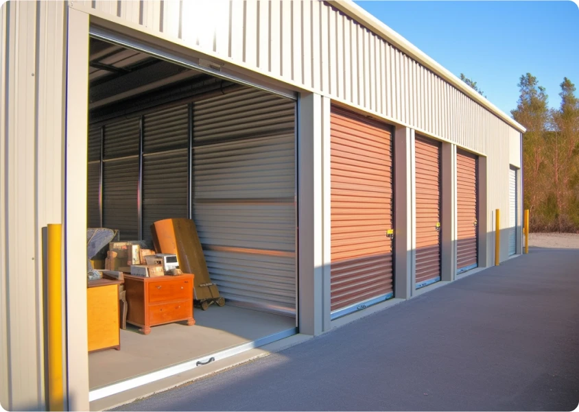 red and tan storage unit with the door open and household items inside